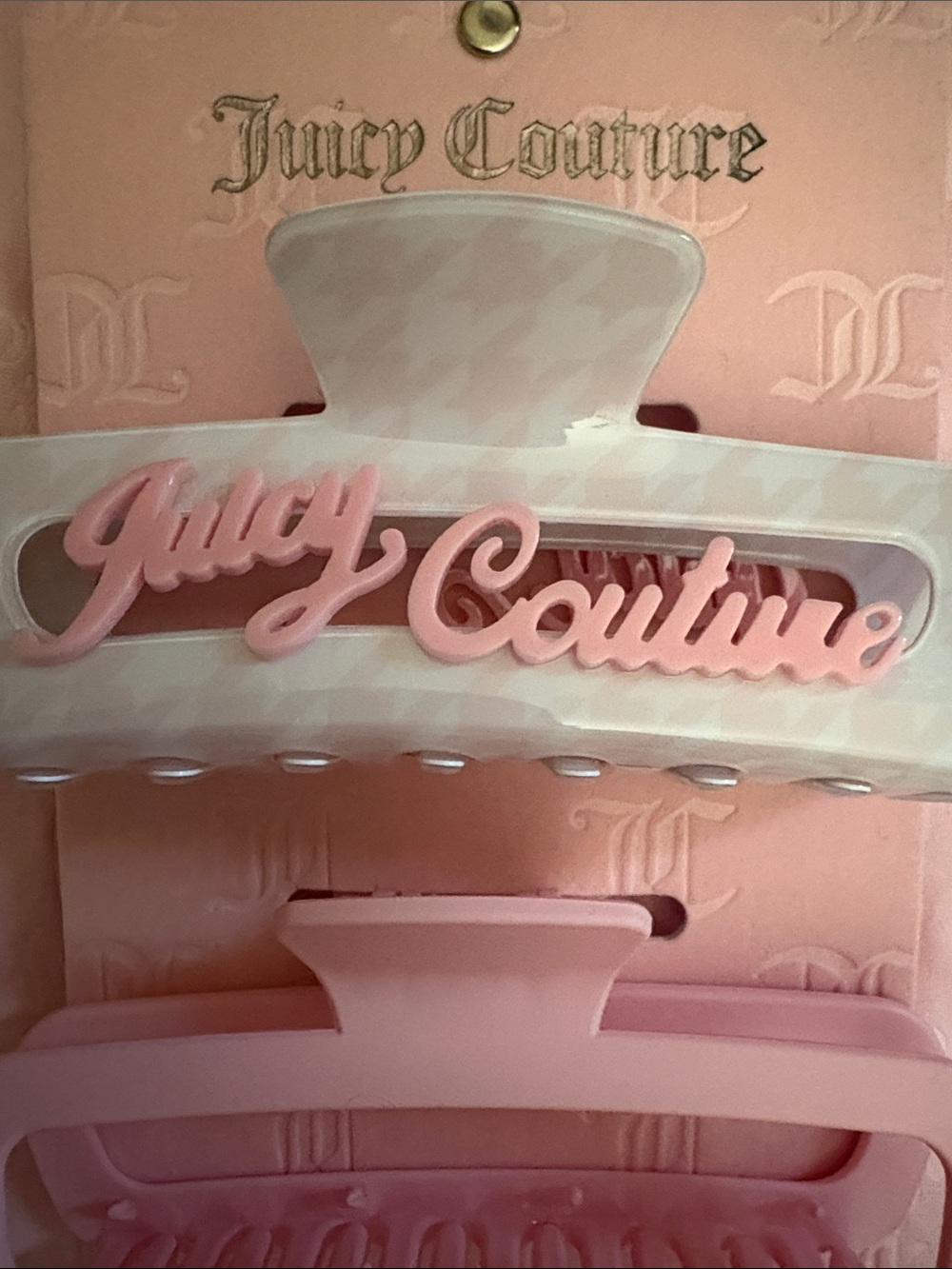 Juicy Couture Pink and White Oversized Logo Hair Claw Set